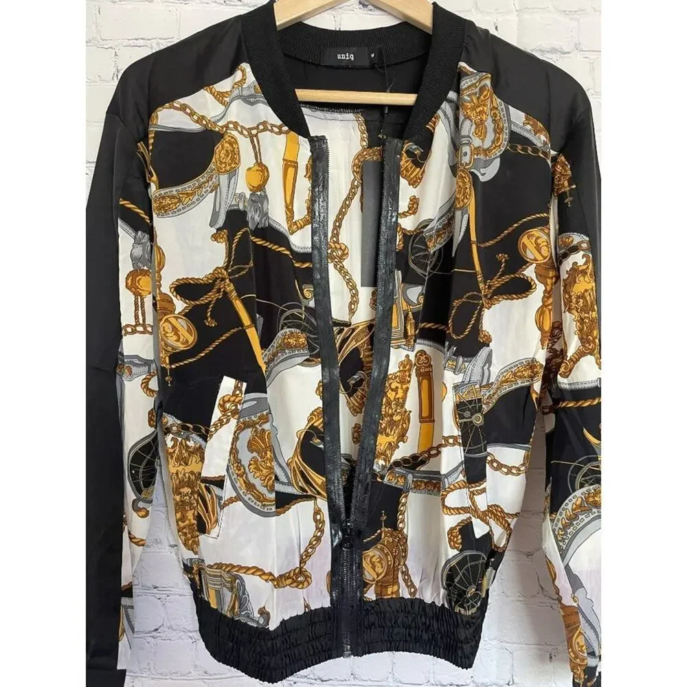 UNIQ Black, White & Gold Faux Silk Jacket Size Medium NWT - Picture 4 of 5